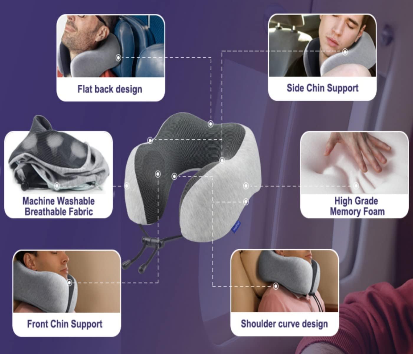 SKY-TOUCH Travel Pillow Memory Foam Neck Pillow, Comfortable & Breathable Cover - Machine Washable, Airplane Travel Kit with 3D Sleep Mask, Earplugs, and Luxury Bag, Grey