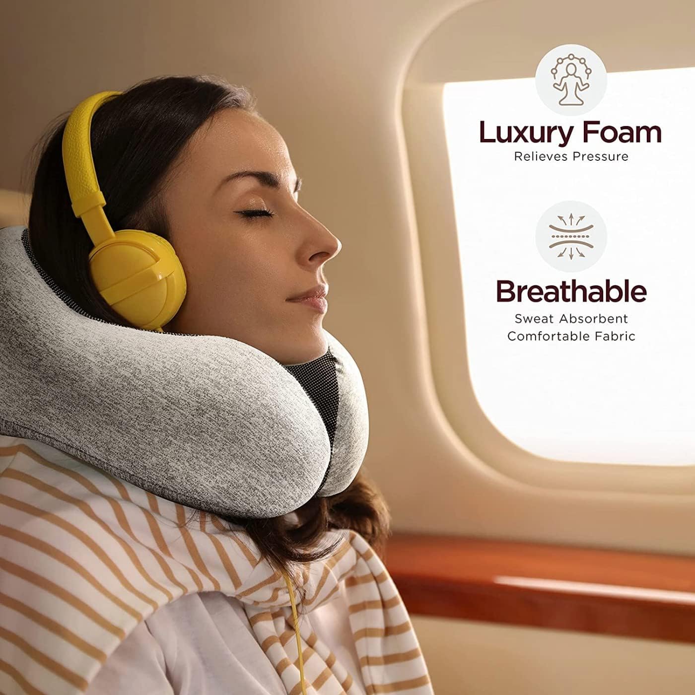 SKY-TOUCH Travel Pillow Memory Foam Neck Pillow, Comfortable & Breathable Cover - Machine Washable, Airplane Travel Kit with 3D Sleep Mask, Earplugs, and Luxury Bag, Grey