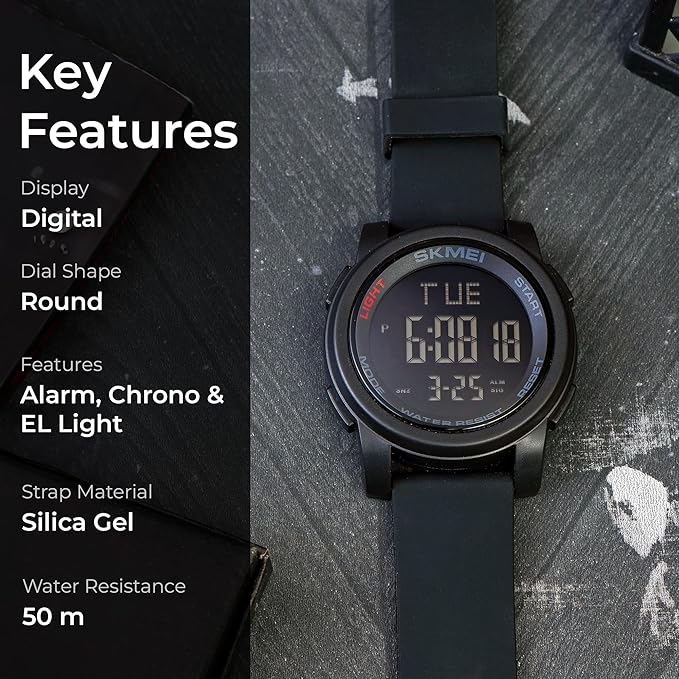 SKMEI Men's Digital Sports Wrist Watch LED Screen Large Face Electronics Military Watches Waterproof Alarm Stopwatch Back Light Outdoor Casual Black Watch - 1257