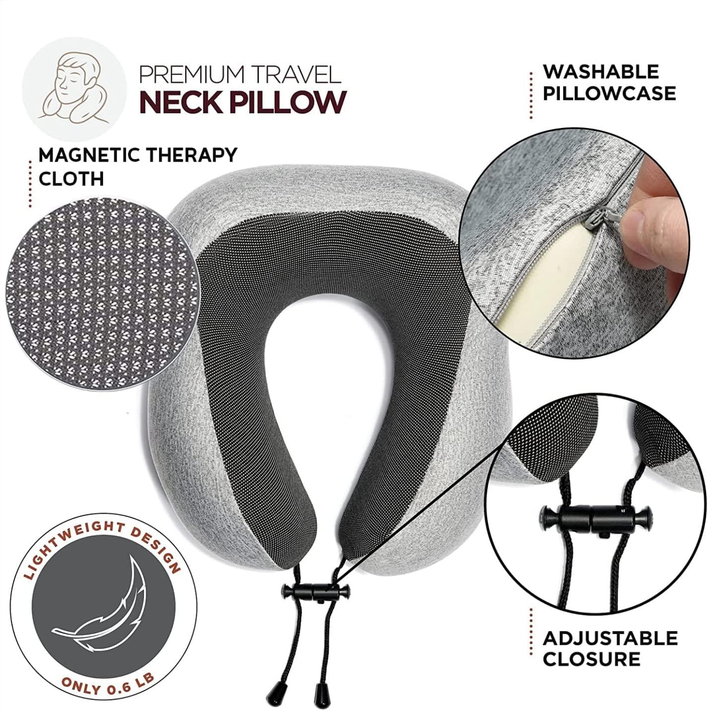 SKY-TOUCH Travel Pillow Memory Foam Neck Pillow, Comfortable & Breathable Cover - Machine Washable, Airplane Travel Kit with 3D Sleep Mask, Earplugs, and Luxury Bag, Grey