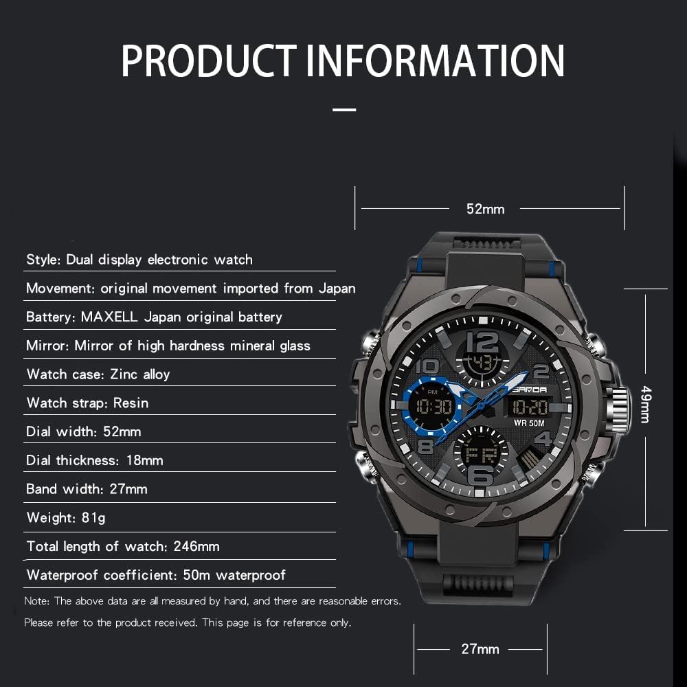 KASTWAVE Men's Analog Sports Watch, Digital Outdoor Sports Electronic Watch, Large Dual Display Waterproof Tactical Watches, Alarm Clock Large Face Dual Time Analog Multifunctional Watch for Men
