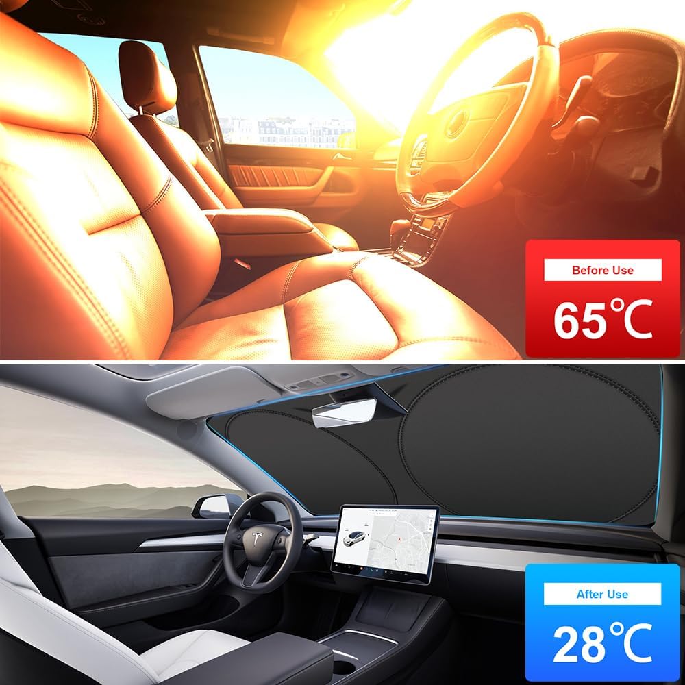Foldable Car Windshield Sunshade 58.2/55.9 * 27.5 inch, Front Windshield Reflective Sunshad with Storage Pouch, Car Front Window for Top Blocks UV Rays and Sun Heat Protection, Keeps Vehicle Cooler