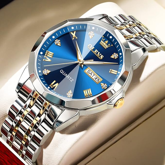 OLEVS Watch for Men Diamond Business Dress Analog Quartz Stainless Steel Waterproof Luminous Date Two Tone Luxury Casual Wrist Watch