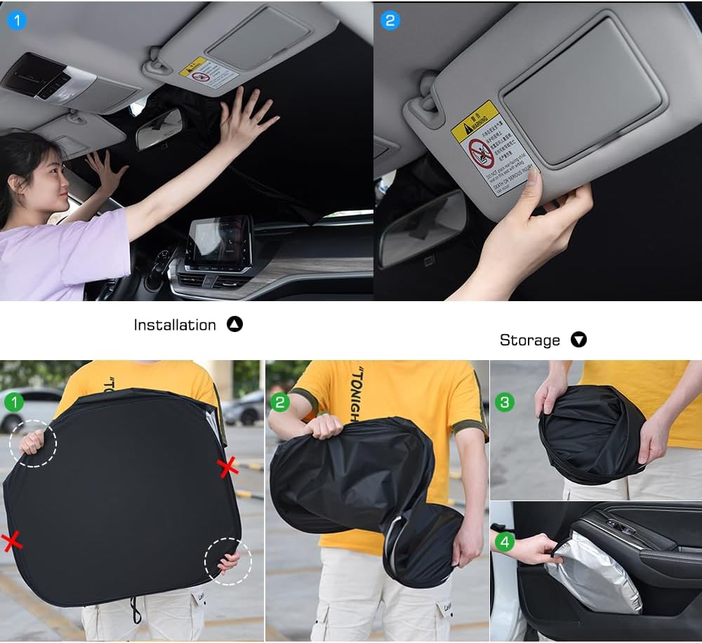 Foldable Car Windshield Sunshade 58.2/55.9 * 27.5 inch, Front Windshield Reflective Sunshad with Storage Pouch, Car Front Window for Top Blocks UV Rays and Sun Heat Protection, Keeps Vehicle Cooler