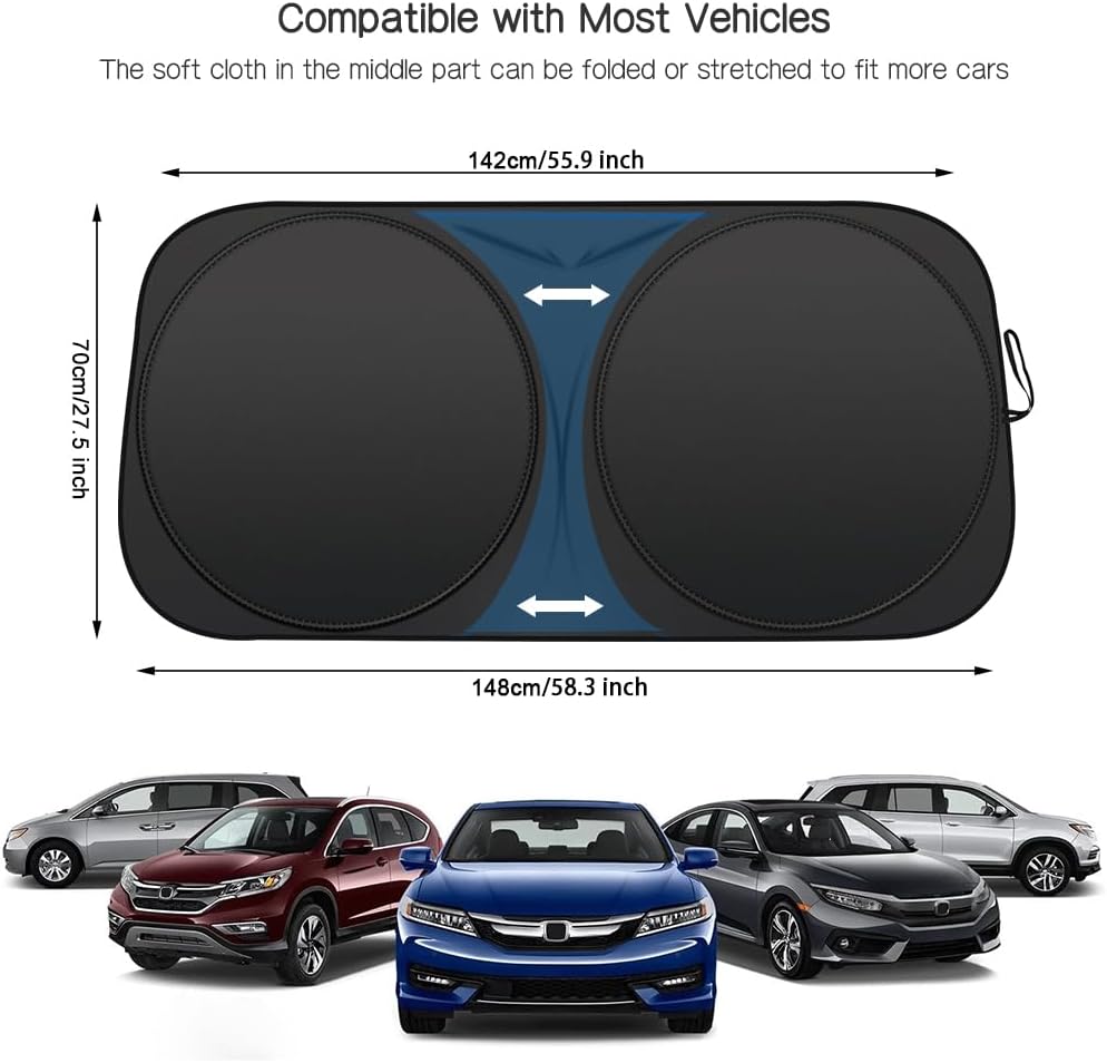 Foldable Car Windshield Sunshade 58.2/55.9 * 27.5 inch, Front Windshield Reflective Sunshad with Storage Pouch, Car Front Window for Top Blocks UV Rays and Sun Heat Protection, Keeps Vehicle Cooler