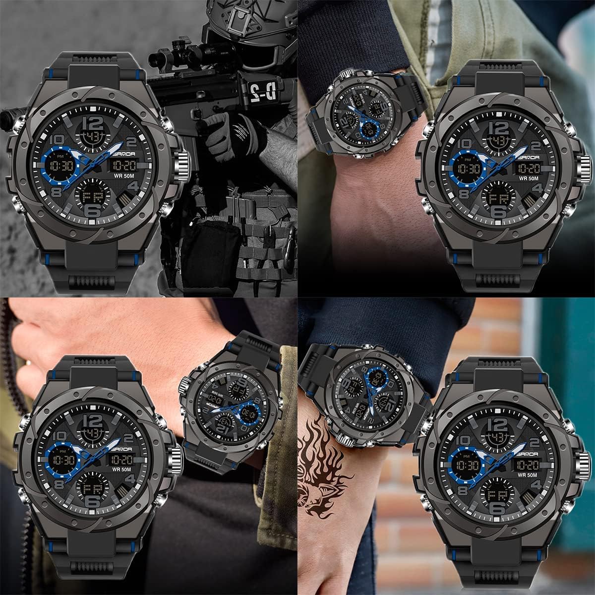 KASTWAVE Men's Analog Sports Watch, Digital Outdoor Sports Electronic Watch, Large Dual Display Waterproof Tactical Watches, Alarm Clock Large Face Dual Time Analog Multifunctional Watch for Men