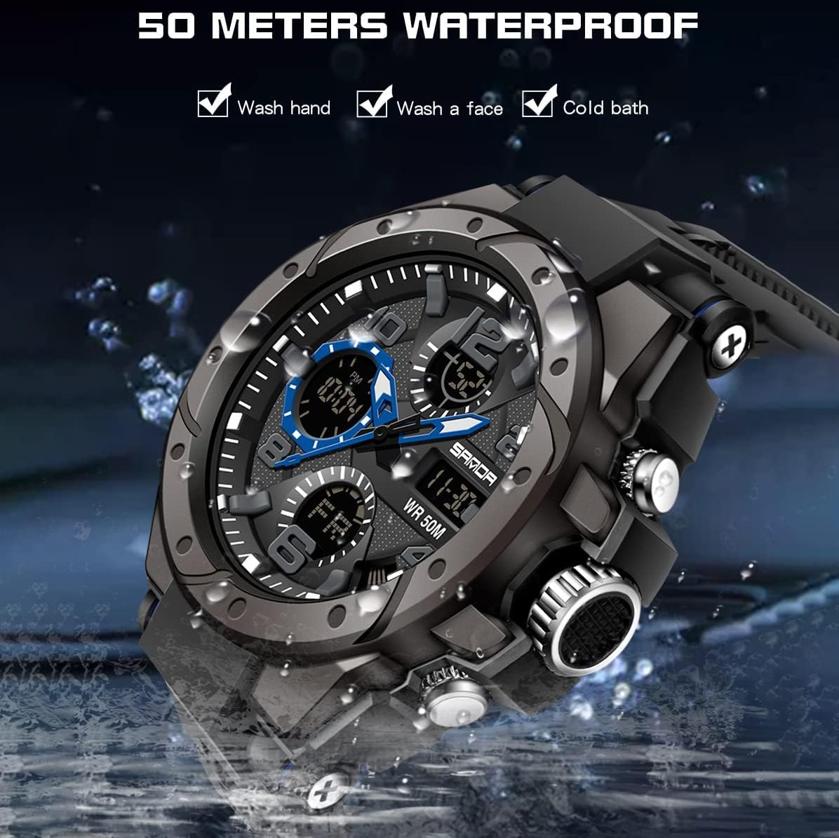 KASTWAVE Men's Analog Sports Watch, Digital Outdoor Sports Electronic Watch, Large Dual Display Waterproof Tactical Watches, Alarm Clock Large Face Dual Time Analog Multifunctional Watch for Men