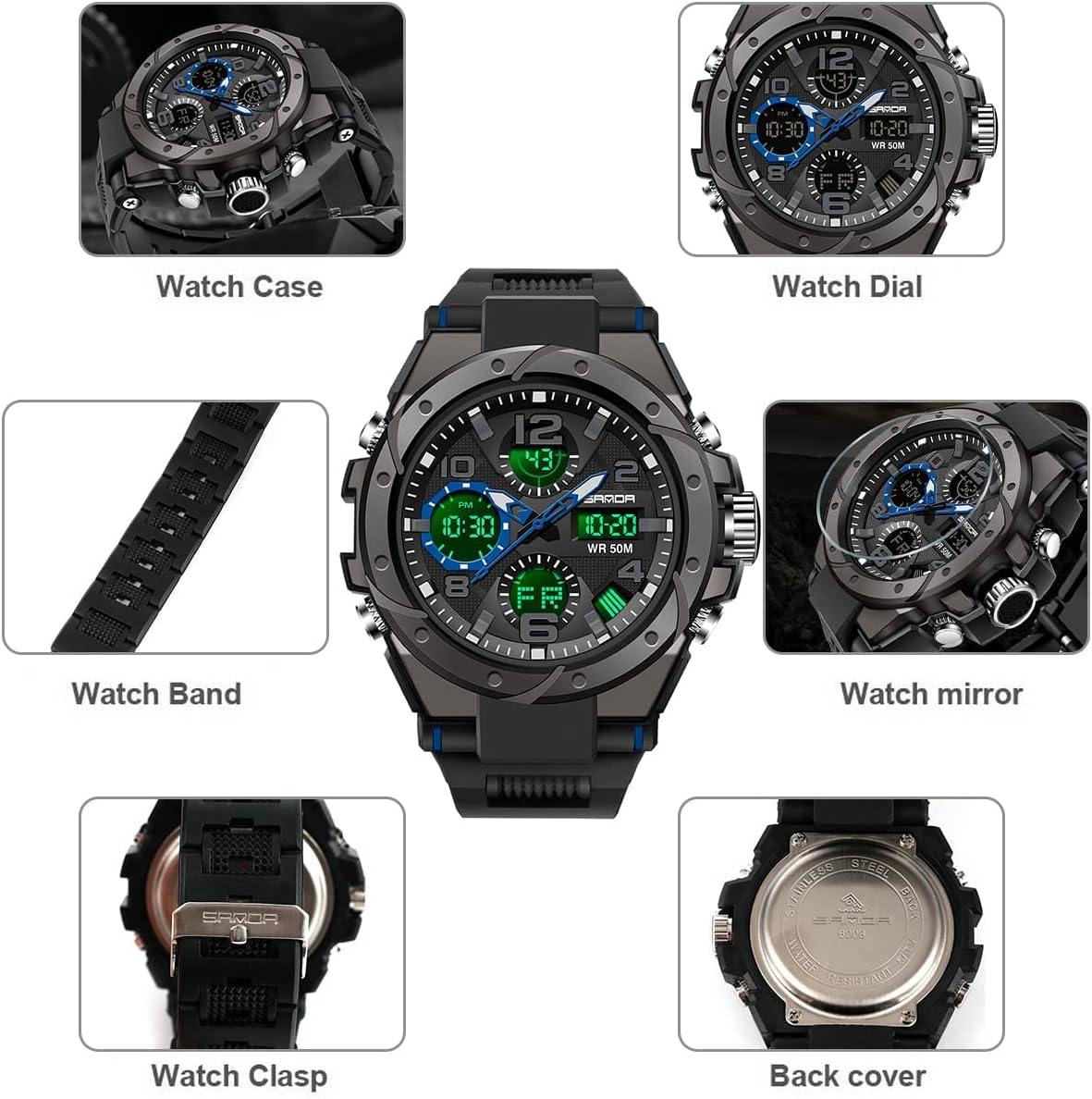 KASTWAVE Men's Analog Sports Watch, Digital Outdoor Sports Electronic Watch, Large Dual Display Waterproof Tactical Watches, Alarm Clock Large Face Dual Time Analog Multifunctional Watch for Men