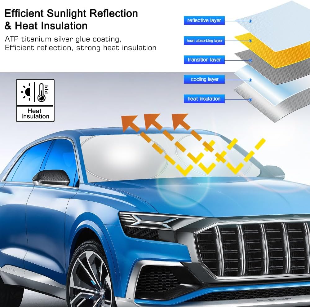 Foldable Car Windshield Sunshade 58.2/55.9 * 27.5 inch, Front Windshield Reflective Sunshad with Storage Pouch, Car Front Window for Top Blocks UV Rays and Sun Heat Protection, Keeps Vehicle Cooler