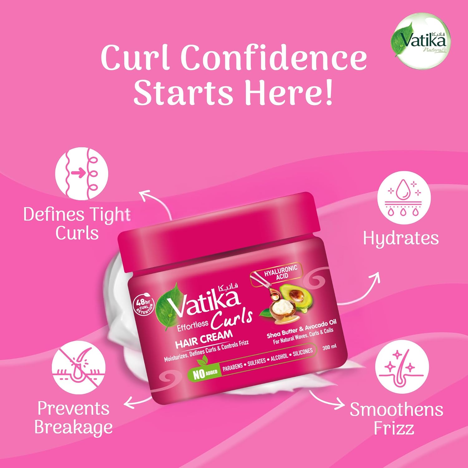 Vatika Naturals Curls Hair Cream 300ml | With Shea Butter, Avocado Oil & Hyaluronic Acid | 48 Hour Curl Retention | Moisturizes, Defines & Controls Frizz for Natural Waves, Curls & Coils