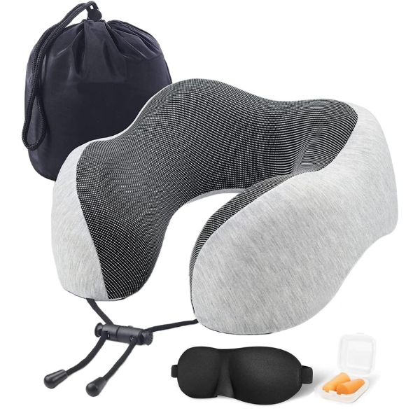 SKY-TOUCH Travel Pillow Memory Foam Neck Pillow, Comfortable & Breathable Cover - Machine Washable, Airplane Travel Kit with 3D Sleep Mask, Earplugs, and Luxury Bag, Grey