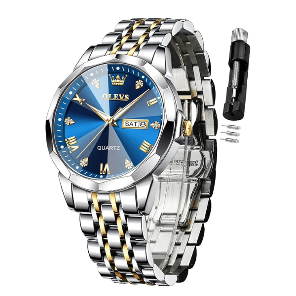 OLEVS Watch for Men Diamond Business Dress Analog Quartz Stainless Steel Waterproof Luminous Date Two Tone Luxury Casual Wrist Watch